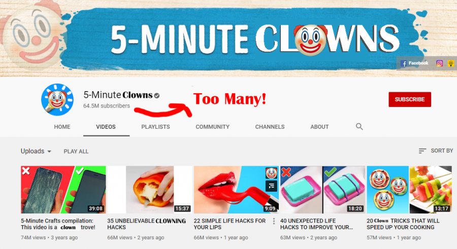 My rendition of 5 Minute Crafts YouTube page, complete with clowns galore.