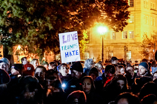 Protesters gather on Nov. 12, 2016 in Washington, D.C. after Trump wins the election. More than four years later, Trump has lost the 2020 election, and protests return to D.C. in support of Trump.