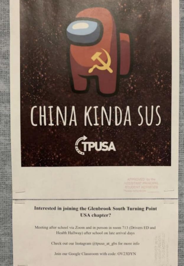 Based on the popular game Among Us, the poster above shows a red imposter character with a China symbol on it, with the words China Kinda Sus. This poster has been criticized as racist and insensitive by several GBS students.