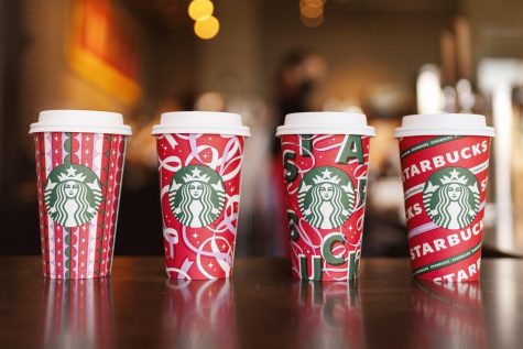 Four festive cups for Starbucks signature holiday drinks.