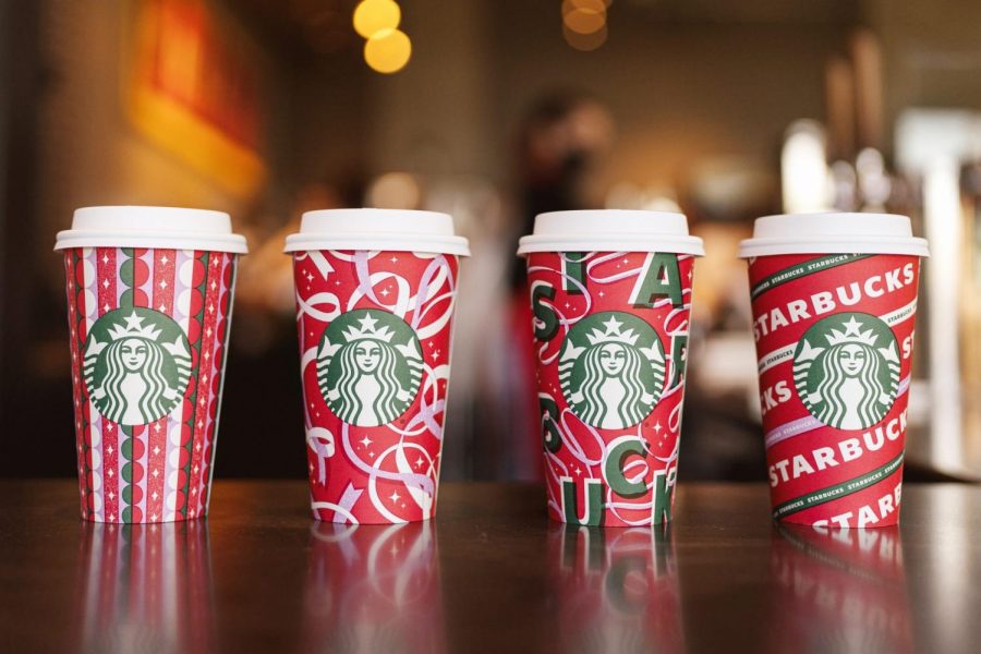 Four+festive+cups+for+Starbucks+signature+holiday+drinks.