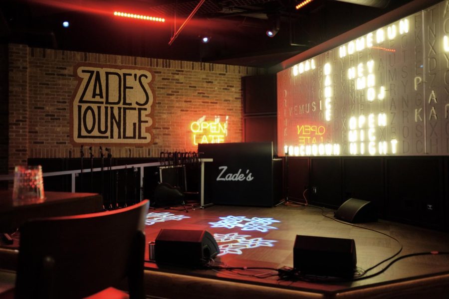 Zades lounge stage where karaoke and live band performances take place. 