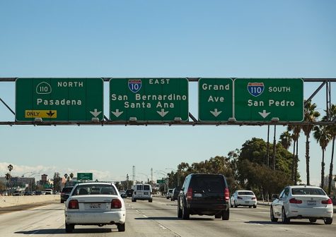 Interstate signs for 110 North (Pasadena) - 10 East (San Bernardino, Santa Ana), Grand Avenue, and 110 South (San Pedro) (Photo by Tony Webster)