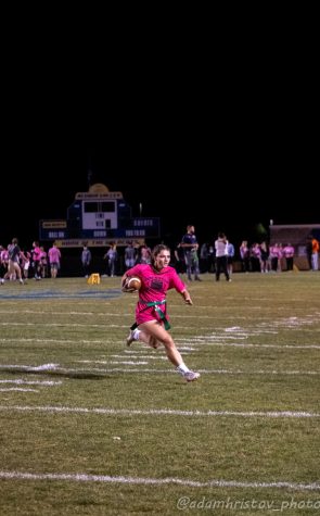 The powderpuff receiver is about to run into the touchdown. 