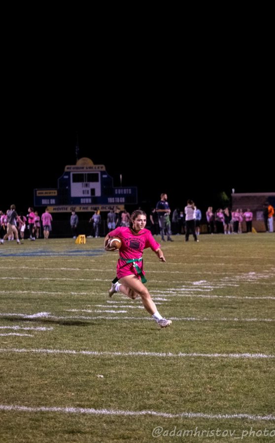 The powderpuff receiver is about to run into the touchdown. 