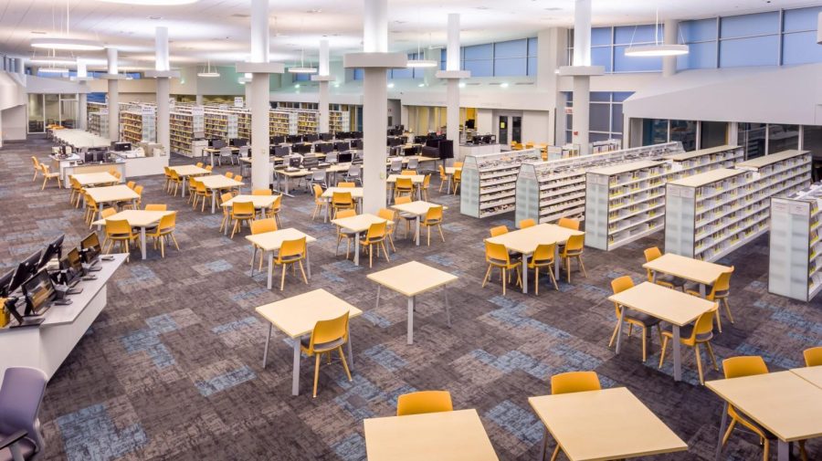 The second floor of the Naperville Public Library has large areas of study space.